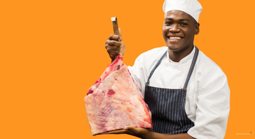 Carne fresca no açougue com frases criativas para atrair clientes.