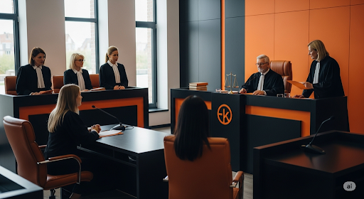 Pessoas coversando com juiz em um tribunal