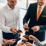 Pessoas reunidas mostrando cartão da empresa