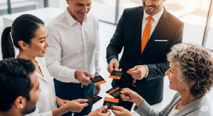 Pessoas reunidas mostrando cartão da empresa