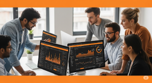 Pessoas em um escritorio vendo graficos no computador