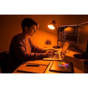 Uma mulher escrevendo algo no notebook