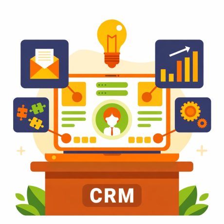 Ilustração de um computador com a sigla “CRM”. Na tela há o perfil de um usuário conectado a ícones de e-mail, gráficos, engrenagens e peças de quebra-cabeça, representando gestão de clientes e integração de dados.