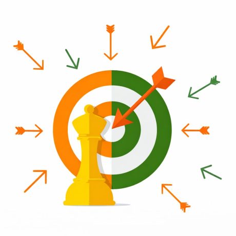 Ilustração de um alvo verde e laranja com várias setas apontando para o centro. À frente há uma peça de xadrez em formato de rei, simbolizando estratégia e foco em objetivos.
