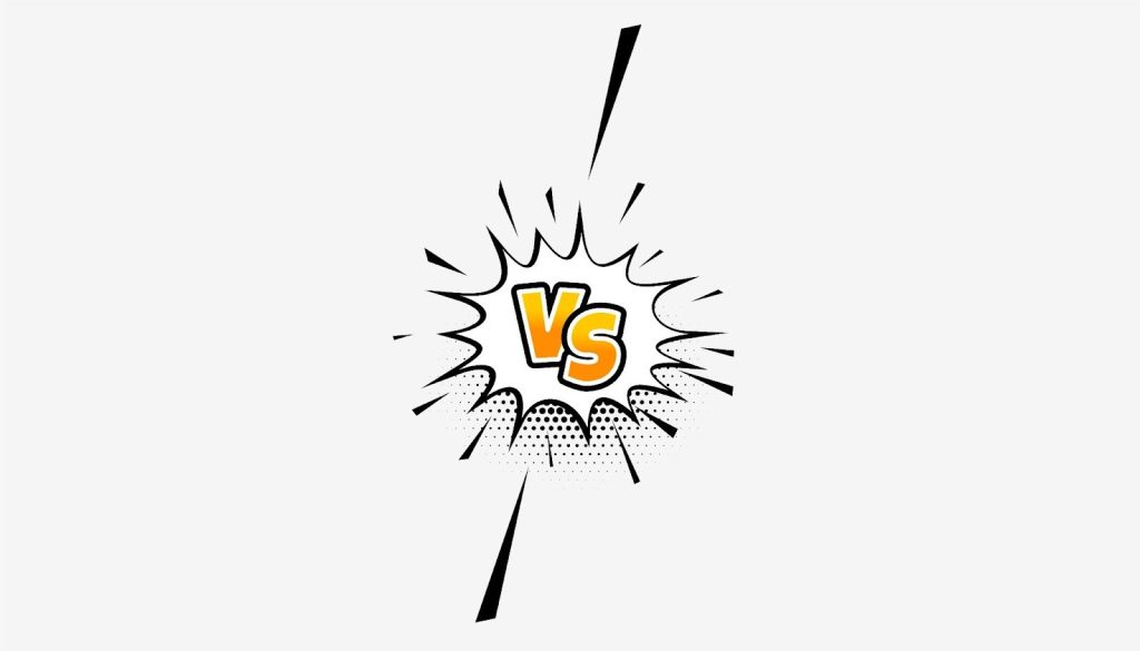 Ilustração em estilo quadrinhos com a sigla “VS”, representando comparação ou disputa entre duas opções, estratégias ou soluções.