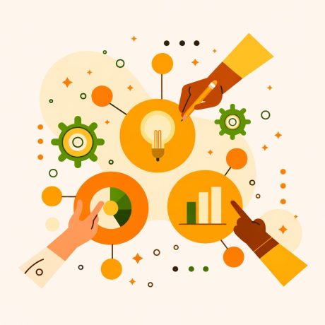 Ilustração com mãos apontando para gráficos, engrenagens e uma lâmpada ao centro, representando análise de dados, estratégia e geração de ideias.