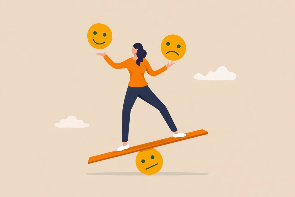 Ilustração de uma pessoa equilibrando uma prancha sobre um emoji neutro, segurando um emoji feliz e outro triste, representando avaliação ou satisfação do cliente.
