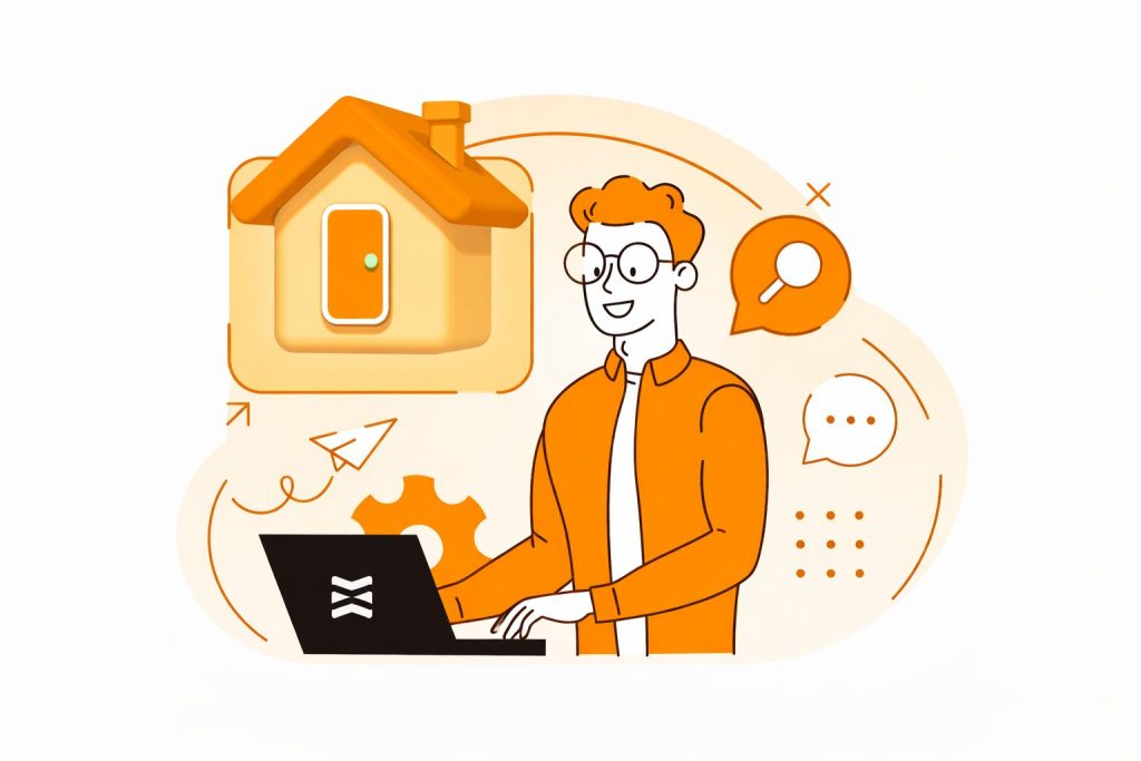 Ilustração de um profissional usando notebook ao lado de um ícone de casa, com símbolos de busca, engrenagem e comunicação, representando gestão e análise de informações sobre imóveis.
