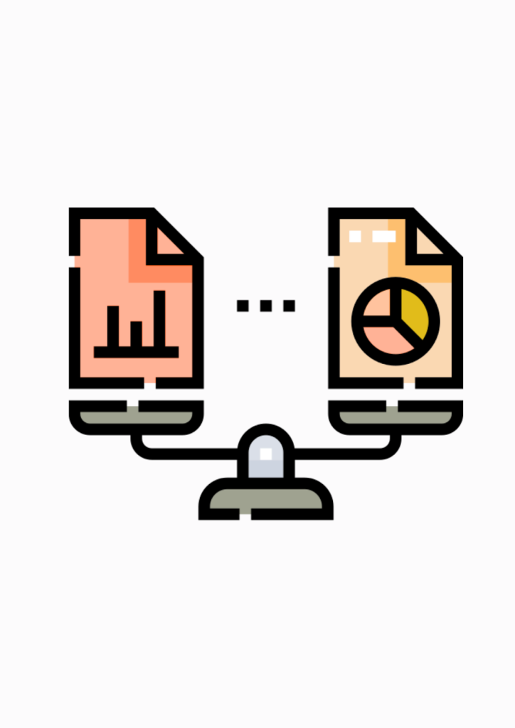 Ícone com dois computadores conectados comparando relatórios e gráficos, representando análise e comparação de dados.
