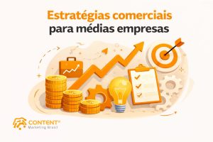Imagem com o texto “Estratégias comerciais para médias empresas”. Mostra gráfico de crescimento, moedas, alvo, engrenagens e lista de tarefas, representando planejamento e aumento de resultados.
