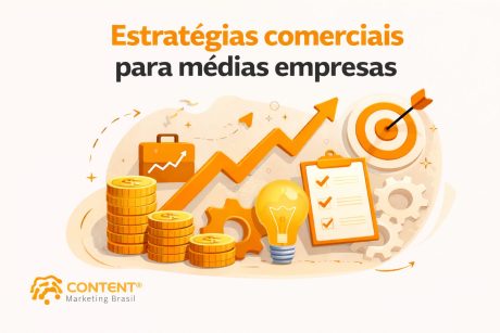 Imagem com o texto “Estratégias comerciais para médias empresas”. Mostra gráfico de crescimento, moedas, alvo, engrenagens e lista de tarefas, representando planejamento e aumento de resultados.