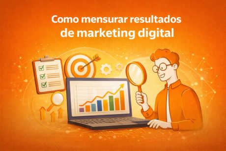 Imagem com o título “Como mensurar resultados de marketing digital”. Mostra um profissional analisando gráficos em um notebook com uma lupa, além de elementos como checklist, alvo e engrenagens, representando análise de métricas, desempenho de campanhas e acompanhamento de resultados.