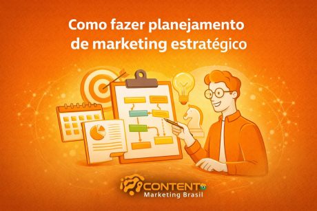Imagem com o título “Como fazer planejamento de marketing estratégico”. Mostra um profissional analisando um fluxo de estratégia em um quadro, com elementos como calendário, gráficos, alvo, lâmpada de ideias e plano de ações, representando organização e definição de estratégias de marketing.
