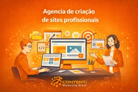 Imagem com o título “Agência de criação de sites profissionais”. Mostra profissionais trabalhando no desenvolvimento de um site em computadores, com elementos como código, engrenagens, ferramentas e interface web, representando design, desenvolvimento e planejamento de websites.