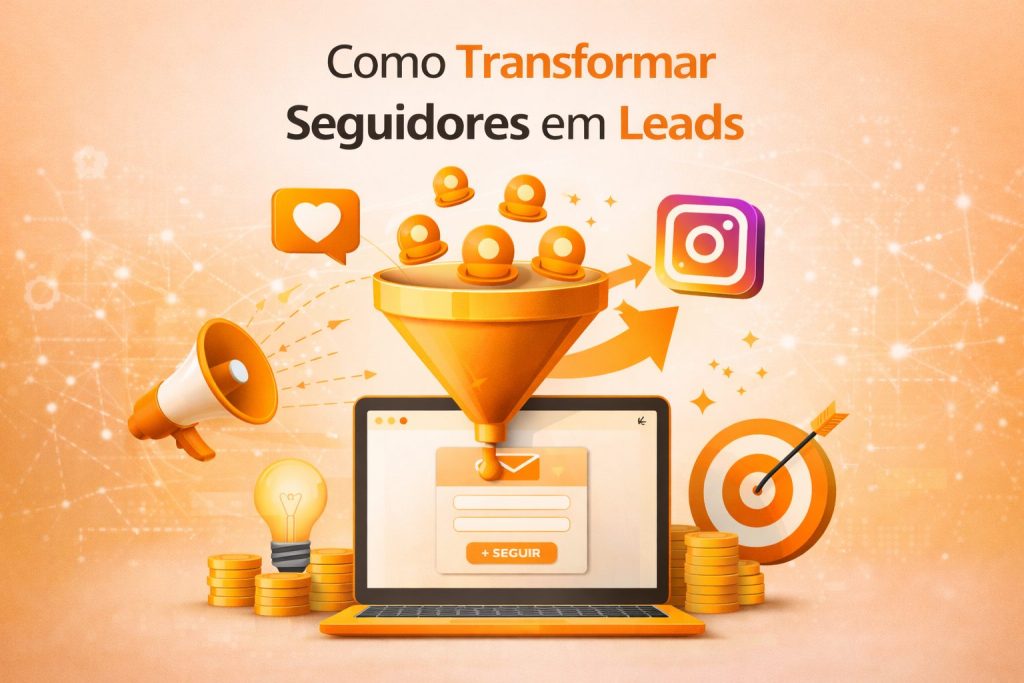 Ilustração com o texto “Como transformar seguidores em leads”. Mostra um funil recebendo ícones de pessoas e direcionando para um formulário em um notebook, com símbolos de Instagram, megafone, moedas e alvo.