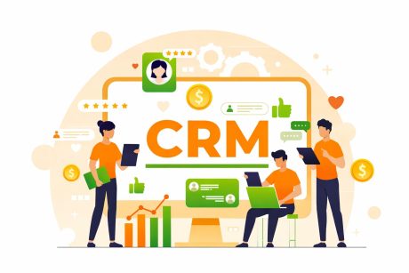 Ilustração colorida com a palavra “CRM” em destaque no centro de uma tela de computador. Ao redor, três pessoas usam tablet e notebook, analisando dados. Há ícones de estrelas, curtidas, mensagens, engrenagens, moedas e gráficos, representando gestão de clientes, vendas e crescimento.