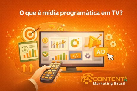 Ilustração com o texto “O que é mídia programática em TV?”. Mostra uma televisão com gráficos, megafone, alvo e controle remoto, simbolizando anúncios e análise de dados em campanhas publicitárias.