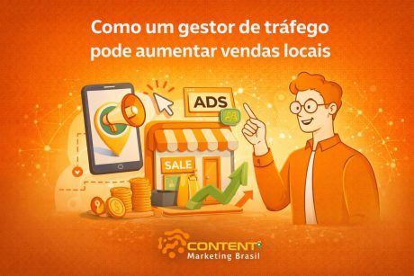 Ilustração com o texto “Como um gestor de tráfego pode aumentar vendas locais”. Mostra celular com megafone, loja com placa “sale”, moedas e gráfico de crescimento, ao lado de um profissional apontando para anúncios online.