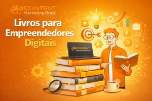 Ilustração com o texto “Livros para Empreendedores Digitais”. Mostra uma pilha de livros com um notebook em cima e um personagem lendo, cercado por ícones de marketing, metas e redes sociais.