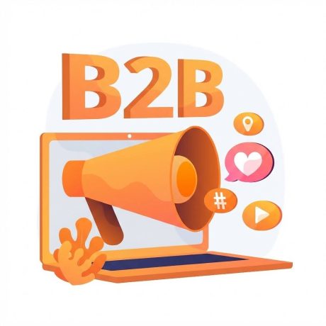 Imagem com a sigla “B2B” acima de um notebook. Na tela, há um megafone laranja saindo do computador, ao lado de ícones de localização, coração, hashtag e play, simbolizando marketing e comunicação digital entre empresas.