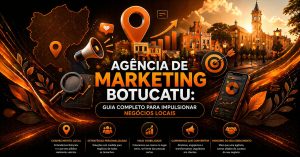 Arte com fundo escuro e tons de laranja destacando “Agência de Marketing Botucatu”. No centro, há elementos como mapa, ícone de localização e uma cidade ao fundo, representando atuação local. Ao redor, aparecem gráficos, megafone e celular com dados, indicando estratégias para aumentar a visibilidade e impulsionar negócios da região.