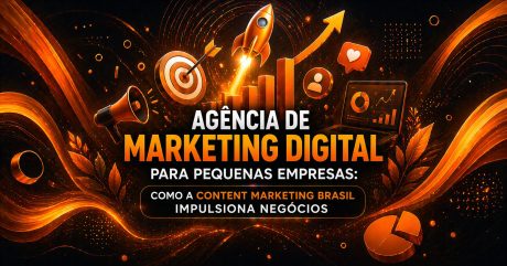 Arte com fundo escuro e elementos em laranja. No centro, o título “Agência de Marketing Digital para Pequenas Empresas”. Ao redor, há ícones de crescimento, como gráfico em alta, foguete, alvo e megafone, além de um notebook com dados. A imagem transmite expansão e impulsionamento de negócios por meio do marketing digital.