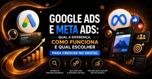 Arte com fundo escuro e elementos em laranja destacando “Google Ads e Meta Ads”. Mostra os logos das duas plataformas, um notebook e um celular com gráficos e anúncios. Há ícones de crescimento e interação, explicando diferenças, funcionamento e escolha da melhor estratégia para crescer no digital.