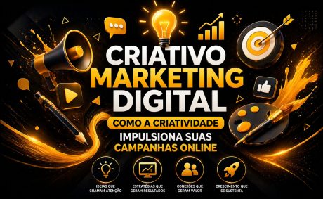 Arte com fundo escuro e detalhes em dourado e laranja. O destaque é “Criativo Marketing Digital”, com elementos como lâmpada (ideia), megafone, gráfico de crescimento, alvo e ferramentas de design. A imagem mostra como a criatividade impulsiona campanhas online e gera resultados.