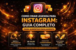 Arte sobre criação de legendas para Instagram, com fundo escuro e elementos em laranja. Mostra quatro dicas principais: começar com um gancho, oferecer valor, incentivar comentários e manter o texto curto.