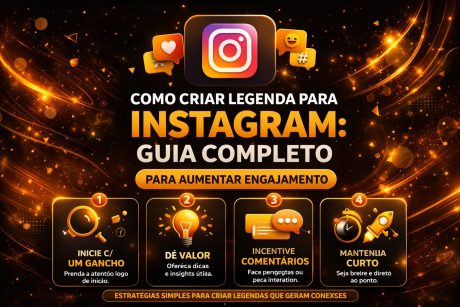 Arte sobre criação de legendas para Instagram, com fundo escuro e elementos em laranja. Mostra quatro dicas principais: começar com um gancho, oferecer valor, incentivar comentários e manter o texto curto.