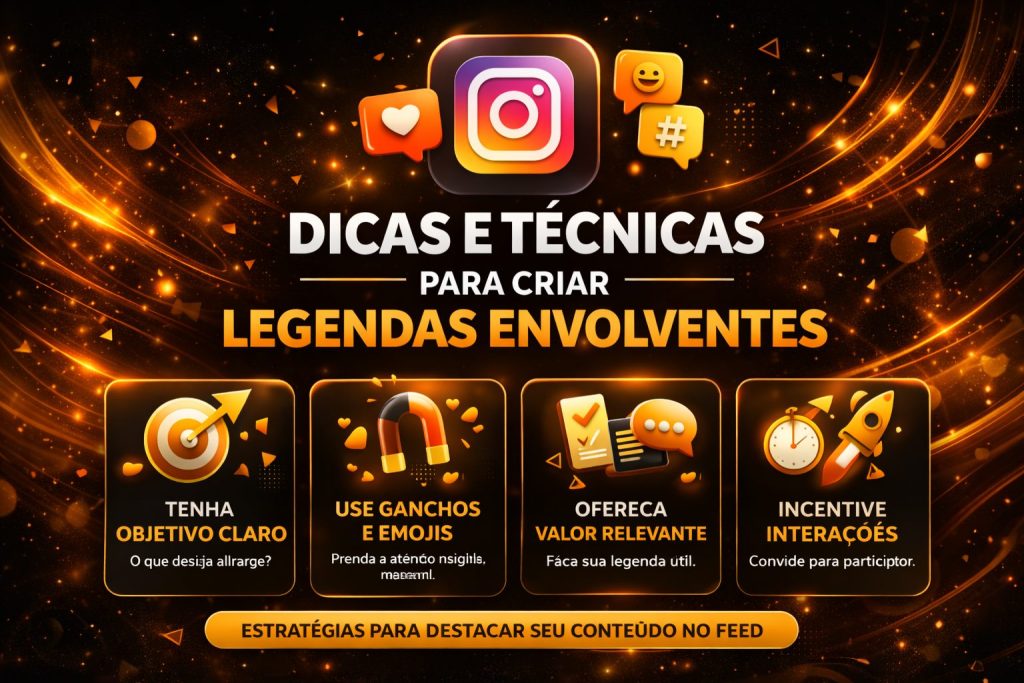 Arte com dicas para criar legendas envolventes no Instagram. Destaca a importância de ter um objetivo claro, usar ganchos e emojis, oferecer conteúdo relevante e incentivar a interação do público.