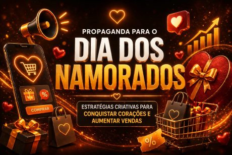 Arte digital com tema romântico anuncia “Propaganda para o Dia dos Namorados”. Mostra corações, presentes, sacolas de compras, celular com carrinho e gráfico de crescimento, representando vendas e campanhas promocionais.