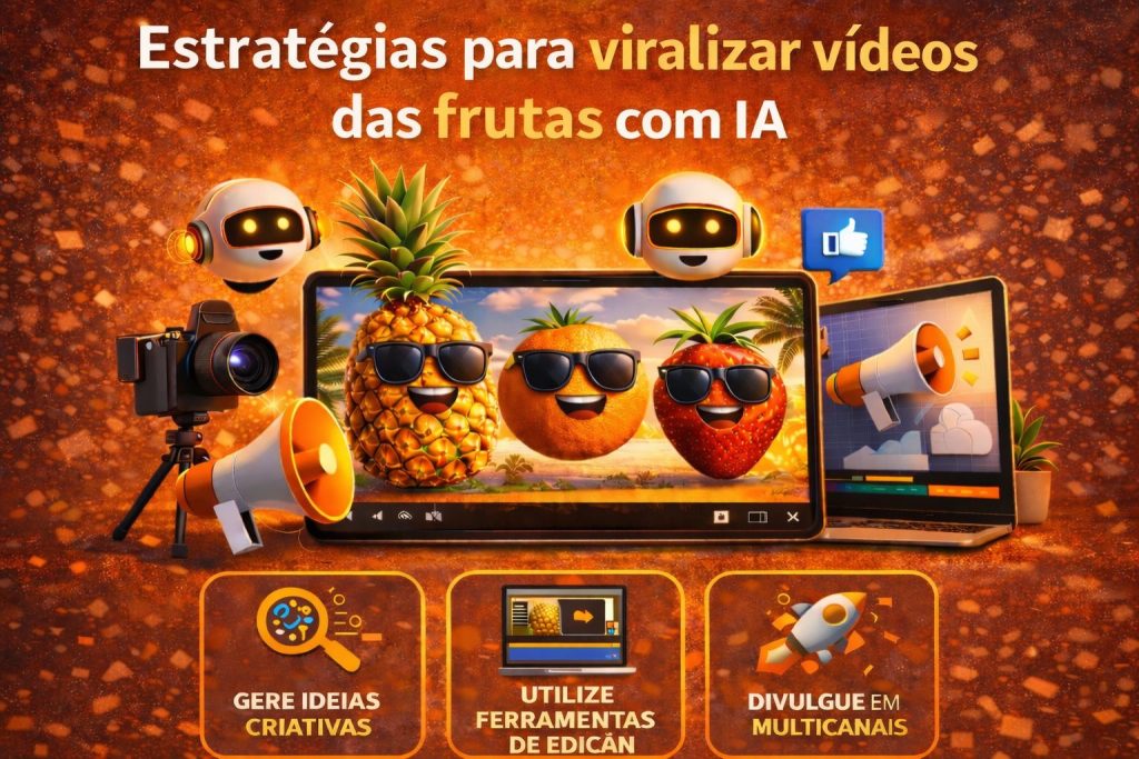 Arte colorida com fundo laranja vibrante. No centro, uma tela exibe frutas animadas (abacaxi, laranja e morango) com rostos sorridentes e óculos escuros. Ao redor, há elementos de criação de conteúdo, como câmera, megafone, notebook com gráficos e ícones de redes sociais, além de robôs representando inteligência artificial. O texto fala sobre estratégias para viralizar vídeos de frutas usando IA.