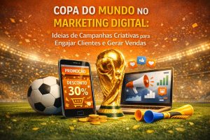Cena vibrante em um estádio de futebol com clima festivo. No centro, a taça da Copa do Mundo dourada. Ao redor, há uma bola de futebol, um celular exibindo promoção de 30% de desconto, um notebook com gráficos de marketing e ícones de redes sociais, além de moedas e objetos de torcida. O texto destaca campanhas de marketing digital relacionadas à Copa do Mundo.