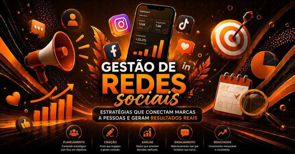 Cena vibrante com foco em redes sociais. Um celular no centro exibe gráficos de desempenho, cercado por ícones de plataformas como Instagram, Facebook, LinkedIn e TikTok. Há também elementos como megafone, calendário e alvo. O texto destaca “Gestão de Redes Sociais”, enfatizando estratégias para engajamento e crescimento de marcas.