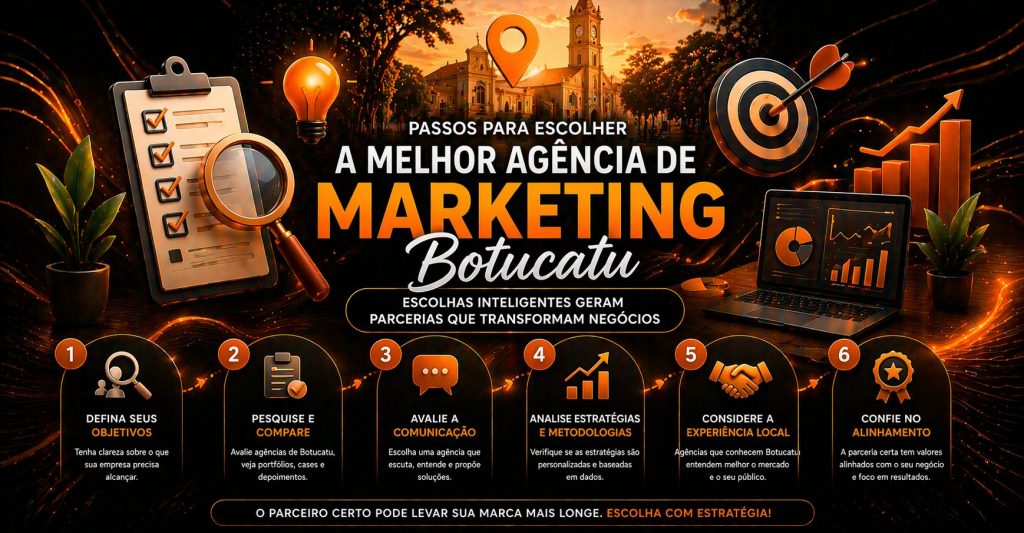 Ilustração com foco em orientação e decisão. O título fala sobre escolher a melhor agência de marketing em Botucatu. Há uma lista com etapas numeradas, como definir objetivos, pesquisar, avaliar comunicação e analisar estratégias. Elementos como lupa, checklist e gráficos reforçam a ideia de análise e planejamento estratégico.