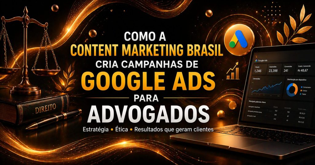 Cena semelhante com foco em estratégia digital. O texto destaca a criação de campanhas de Google Ads para advogados. Há um notebook exibindo dados e métricas, além de símbolos como a balança da justiça e o logo do Google Ads. A imagem reforça o uso de dados, ética e estratégia para gerar resultados na advocacia.