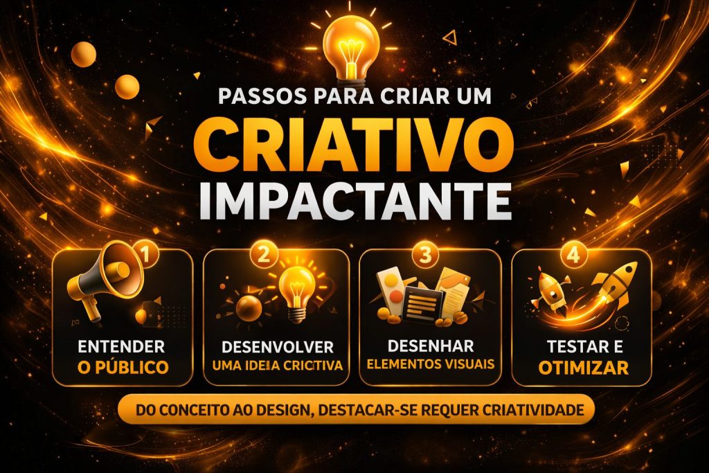 Ilustração com foco em processo criativo. O título fala sobre “Passos para criar um criativo impactante”. Há etapas numeradas com ícones: entender o público, desenvolver ideias, criar elementos visuais e testar/otimizar. A imagem transmite um guia prático para criar campanhas mais eficazes.