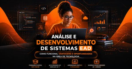 Arte com fundo escuro e elementos tecnológicos em laranja. No centro, uma mulher usando óculos trabalha em um notebook. Ao redor, aparecem ícones de programação, banco de dados, nuvem e gráficos. O texto destaca “Análise e Desenvolvimento de Sistemas EAD”, com informações sobre formação online, alta demanda na área e oportunidades de carreira.
