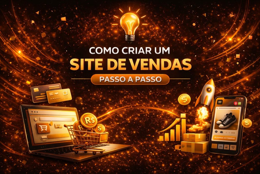Arte digital em tons de dourado e laranja mostra um laptop com carrinho de compras, moedas e um celular com produto à venda. No centro, há uma lâmpada acesa simbolizando ideia, com o texto “Como criar um site de vendas passo a passo”