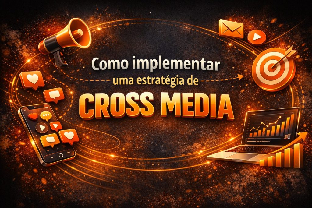 Ilustração com fundo escuro e elementos luminosos mostra o texto “Como implementar uma estratégia de Cross Media”. Inclui um megafone, celular com interações sociais, um alvo e um laptop com gráficos, simbolizando planejamento e execução de marketing em múltiplos canais.