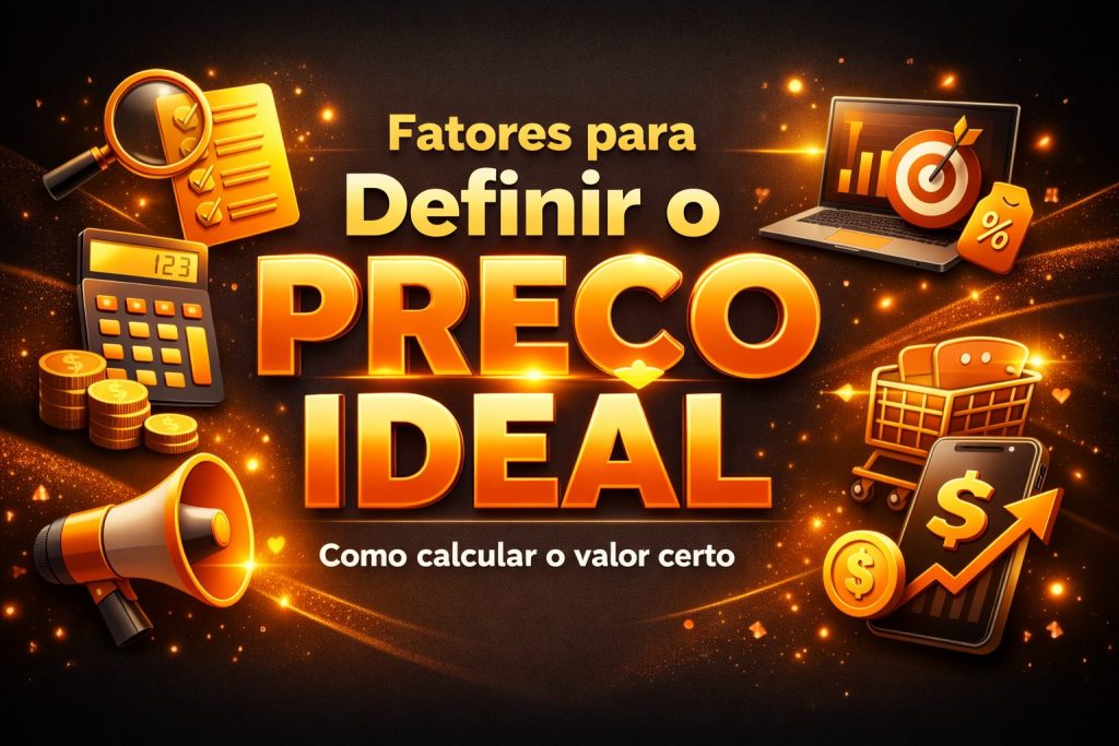 Ilustração com o texto “Fatores para definir o preço ideal – Como calcular o valor certo”. Inclui ícones como calculadora, moedas, carrinho de compras, celular e gráfico em alta, simbolizando análise e tomada de decisão sobre preços.