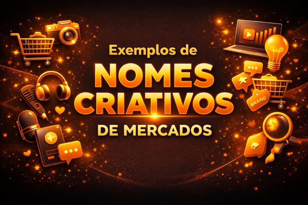 Arte digital com fundo escuro e elementos dourados traz o texto “Exemplos de nomes criativos de mercados”. Ao redor, aparecem ícones como carrinho de compras, câmera, fones de ouvido, microfone e laptop, representando criatividade e branding.
