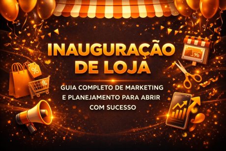 Arte digital em tons dourados anuncia “Inauguração de loja”. Há elementos festivos como balões, fitas e bandeirinhas, além de ícones de compras, tesoura de inauguração e gráfico de crescimento, transmitindo celebração e abertura de negócio.