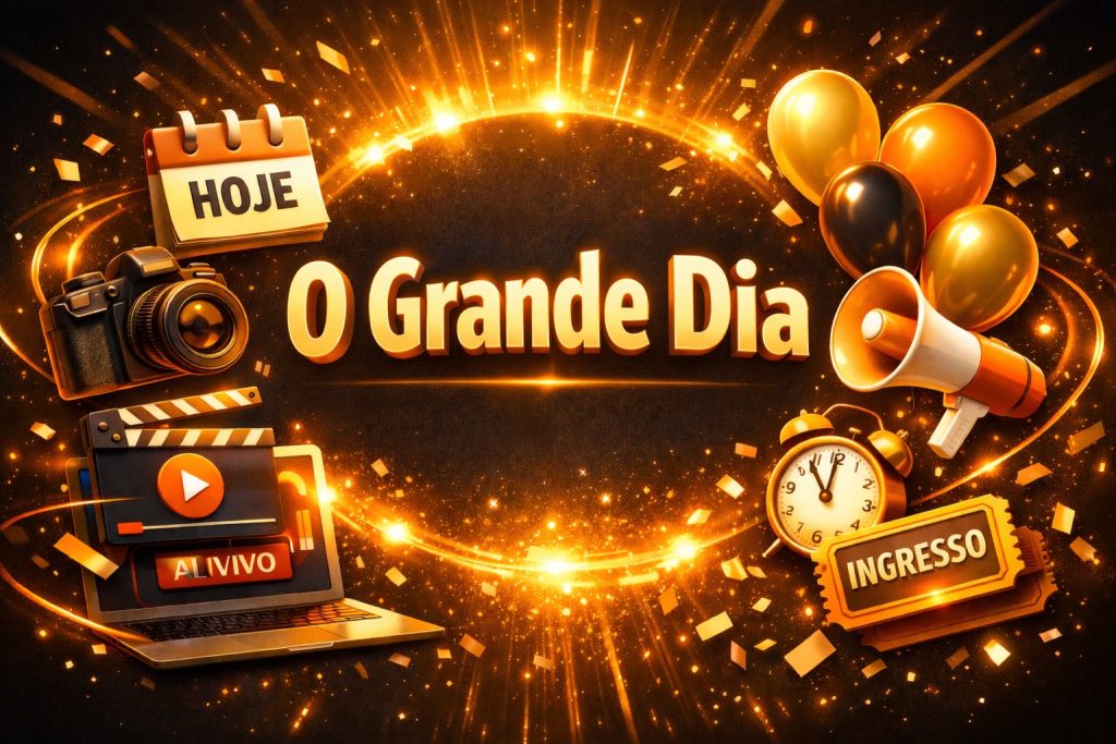 Ilustração vibrante com o texto “Hoje: O grande dia”. Mostra câmera, laptop com transmissão ao vivo, balões, megafone, relógio e ingresso, representando um evento especial sendo divulgado e acompanhado em tempo real.