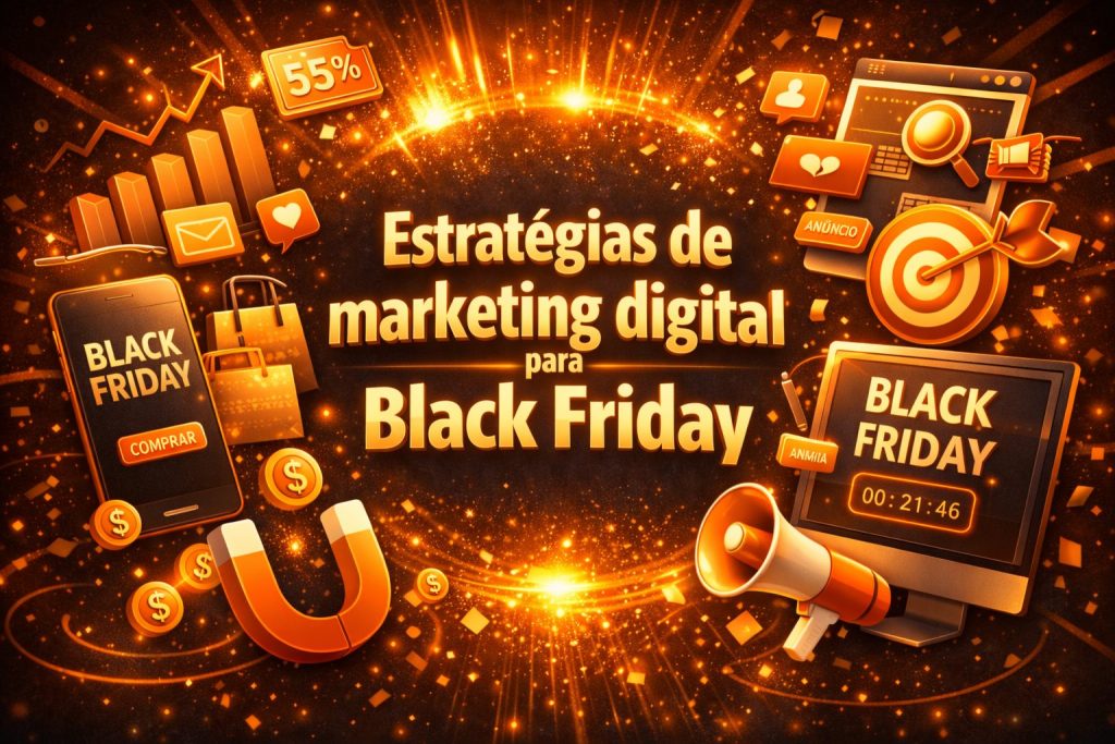 Ilustração vibrante com o texto “Estratégias de marketing digital para Black Friday”. Inclui ícones como gráfico em alta, ímã, celular com ofertas, alvo e computador, simbolizando atração de clientes e campanhas promocionais online.
