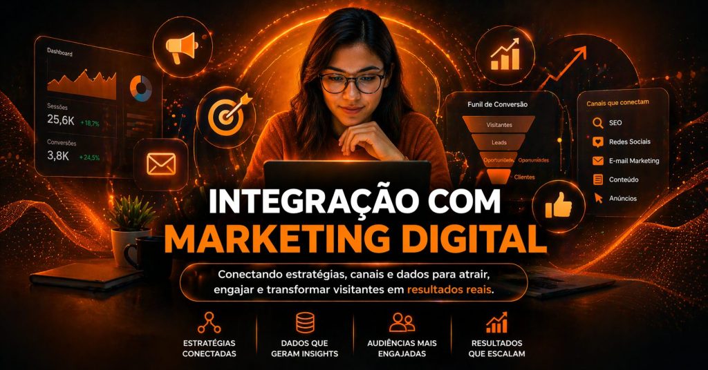Cena com uma mulher concentrada olhando para o notebook. Em volta, há gráficos, funil de vendas, ícones de marketing e canais digitais como SEO, redes sociais e e-mail. O texto enfatiza “Integração com Marketing Digital”, mostrando a conexão entre dados, estratégias e resultados.