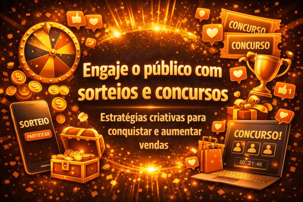 Ilustração vibrante com o texto “Engaje o público com sorteios e concursos”. Inclui roleta, moedas, troféu, celular e laptop com concurso ativo, simbolizando interação, prêmios e estratégias para atrair clientes.
