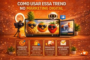 Cena semelhante, com foco em marketing digital. As mesmas frutas animadas aparecem em uma tela, cercadas por equipamentos de gravação, iluminação e um notebook com gráficos. Há ícones de curtidas e elementos visuais de divulgação. O texto destaca como usar essa tendência no marketing digital para conquistar clientes, promover ofertas, engajar o público e gerar vendas.