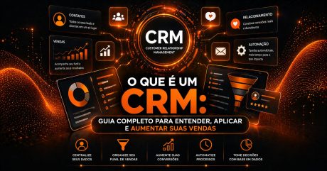 Ilustração com fundo escuro e elementos digitais em laranja. No centro, aparece o termo “CRM” cercado por gráficos, funil de vendas, ícones de contatos, automação e relacionamento com clientes. O texto explica o que é CRM e destaca benefícios como organizar dados, aumentar vendas e automatizar processos.